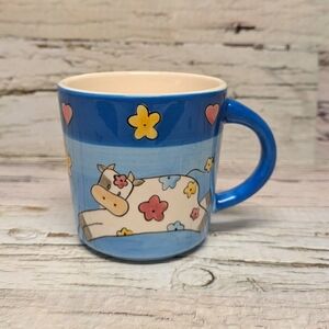 Hand Painted Blue Mug with Cow, Flower And Star Design - Quirky & Whimsical